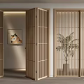 Modern Folding Doors With Wooden Lattice Design In Interior Featuring Wall Art And Plant
