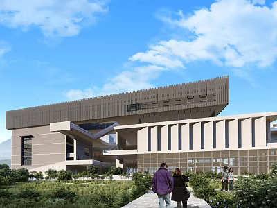 Modern Architectural Design With Geometric Structure Glass Facade And Green Surroundings People Walking 3d model