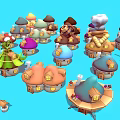 Colorful Cartoon Scene with Various Mushroom Houses Windmill and Small Elements like Trees Barrels