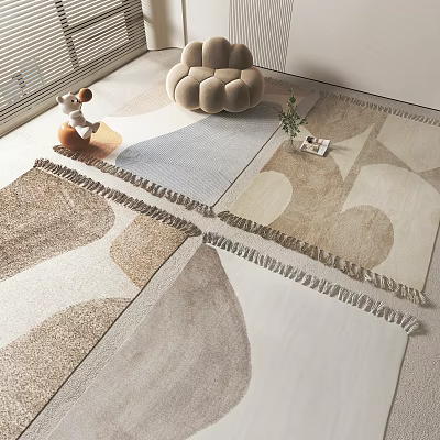 Modern Square Rug With Geometric Patterns Fringe Edges And Soft Neutral Tones For Living Space 3d model