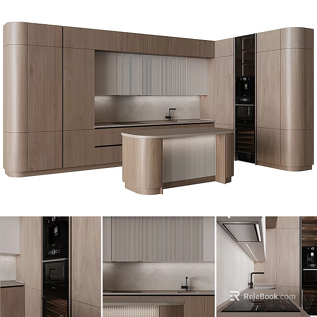 Elegant Modern Kitchen Interior With Wooden Cabinets Island Counter And Appliances 3d model 
