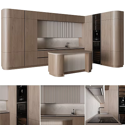 Elegant Modern Kitchen Interior With Wooden Cabinets Island Counter And Appliances 3d model
