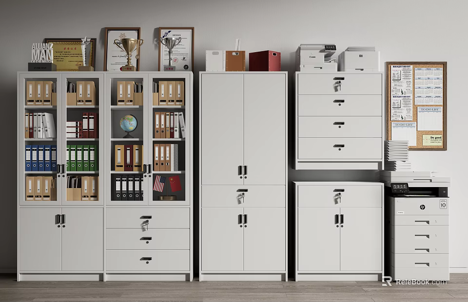 Office Bookcase With Books Trophies Photo Frames Alongside Filing Cabinets Printer And Bulletin Board 3d model