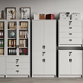 Office Bookcase With Books Trophies Photo Frames Alongside Filing Cabinets Printer And Bulletin Board 3d model