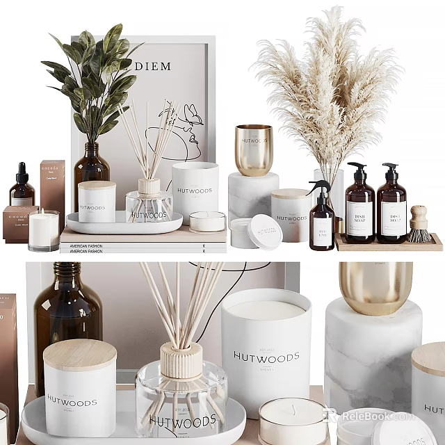 Elegant Bathroom Accessories With Candles Diffusers Bottles And Decorative Plants 3d model