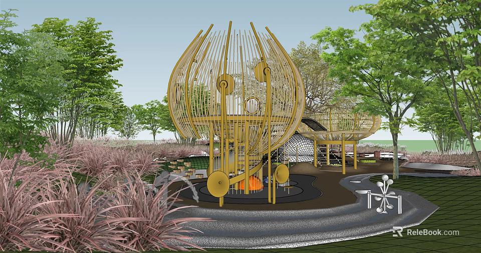 Modern Outdoor Playground With Golden Spherical Structure Slide Trees And Green Grass 3d model 