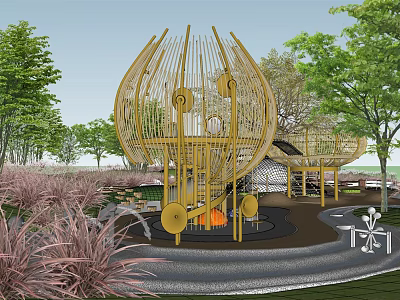 Modern Outdoor Playground With Golden Spherical Structure Slide Trees And Green Grass 3d model