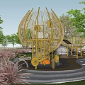 Modern Outdoor Playground With Golden Spherical Structure Slide Trees And Green Grass