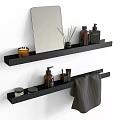 Organized Bathroom Accessories On Wall Mounted Black Shelves With Mirror Soap Dispenser Candle And Towel