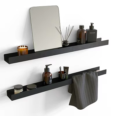 Organized Bathroom Accessories On Wall Mounted Black Shelves With Mirror Soap Dispenser Candle And Towel 3d model