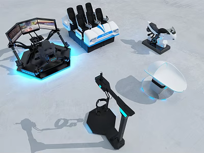 Modern Tech Devices With Blue Lighting Including VR Seats Headsets And Controllers 3d model