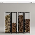 Firewood Stacked in Black Metal Frames with Various Shapes Sizes Against Light Gray Stone Wall