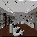 Accessories Store Interior with Display Shelves Round Showcases Wooden Floors and White Walls