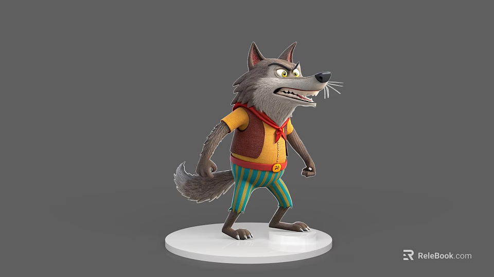 Wolf Game Character With Yellow Shirt Brown Vest Green Striped Pants Standing 3d model 