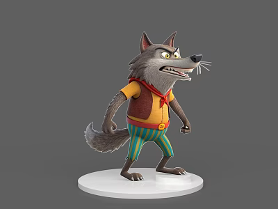 Wolf Game Character With Yellow Shirt Brown Vest Green Striped Pants Standing 3d model