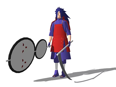 Game Movie Character Blue Long Hair Red Vest Blue Pants With Scythe Perforated Round Shield 3d model