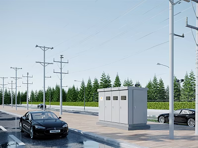 Road Facilities Featuring Street Lights Utility Poles Roadside Cabinets Along Asphalt Road With Cars Green Trees 3d model