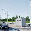 Road Facilities Featuring Street Lights Utility Poles Roadside Cabinets Along Asphalt Road With Cars Green Trees