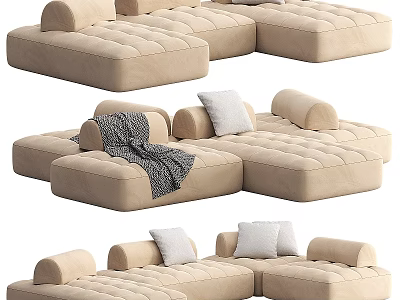 Beige Sectional Sofa with Tufted Design and Plush Cushions in Multiple Configurations 3d model