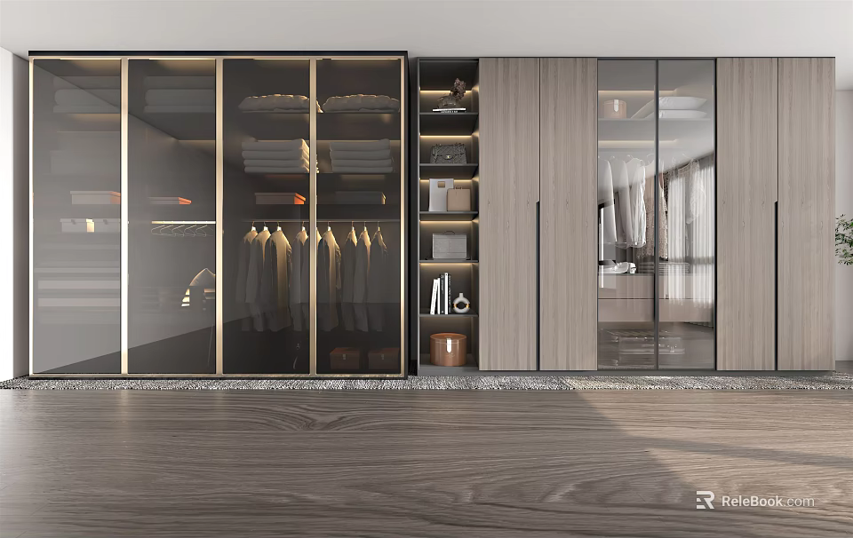 Modern Wardrobe Interior Design With Glass Doors Wooden Cabinets Hanging Rods And Drawers 3d model 