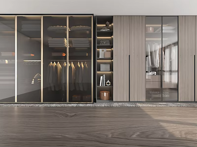 Modern Wardrobe Interior Design With Glass Doors Wooden Cabinets Hanging Rods And Drawers 3d model