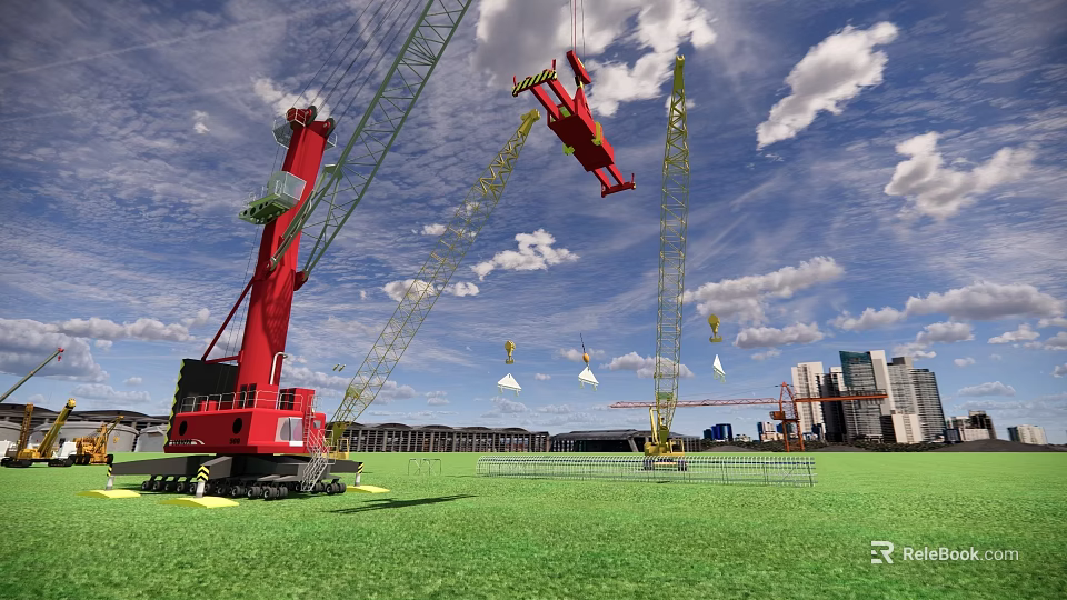 Red And Yellow Cranes At Construction Site With Green Grass And Distant Buildings 3d model 