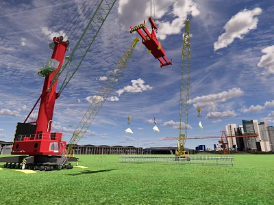 Red And Yellow Cranes At Construction Site With Green Grass And Distant Buildings 3d model