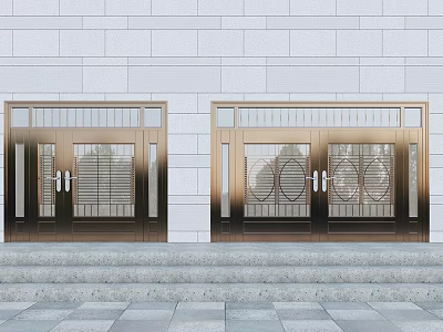 Main Entrance Brass Doors With Glass Panels And Ornate Grilles On Concrete Steps 3d model