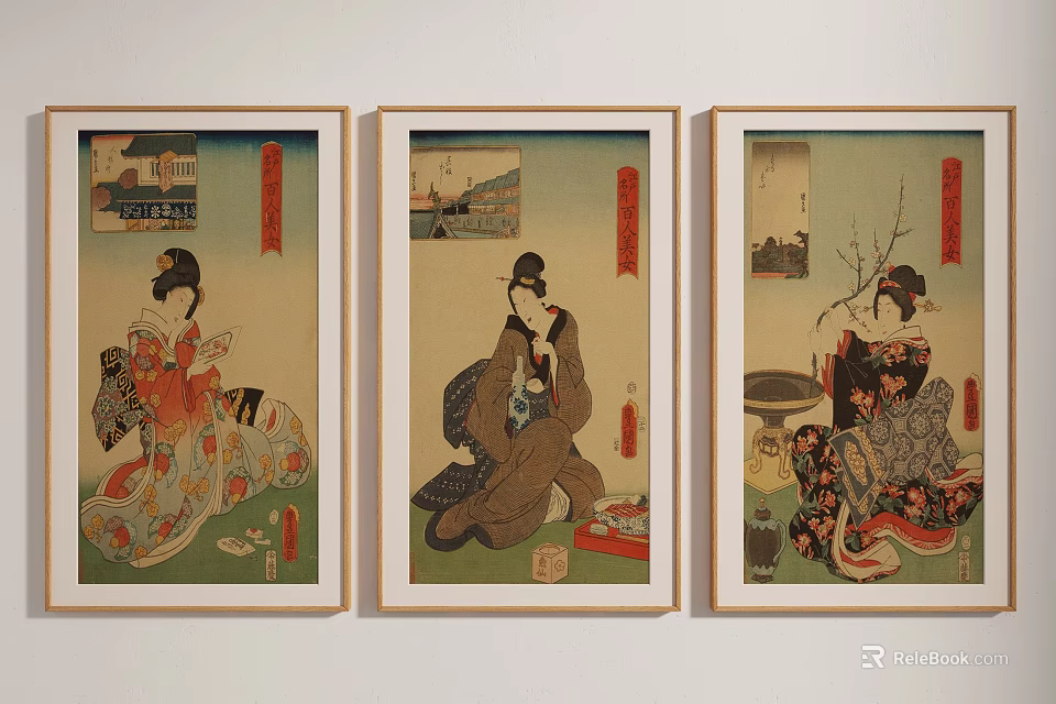 Three Framed Ukiyo-e Paintings With Traditional Kimono Women And Red Vertical Text On Wall 3d model 