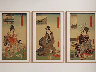 Three Framed Ukiyo-e Paintings With Traditional Kimono Women And Red Vertical Text On Wall 3d model