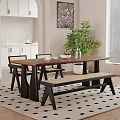 Modern Wooden Dining Table Set With Four Patterned Cushion Chairs Vase Fruit Bowl And Books