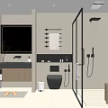 Modern Bathroom Interior With Glass Shower Wall Hung Toilet Wooden Vanity And Backlit Mirror