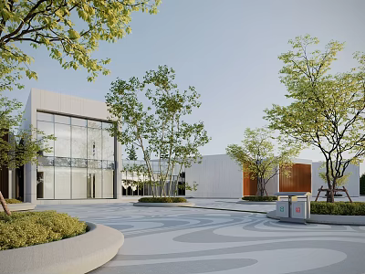 Modern Architectural Exterior With Glass Walls Trees And Patterned Paved Ground 3d model