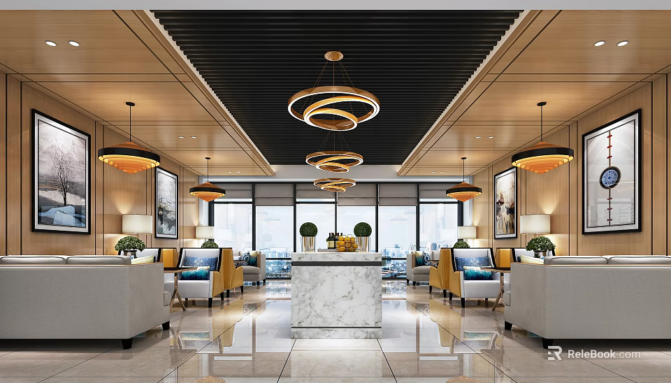 Modern Lounge Area Interior Design With Circular Chandeliers And Marble Counter Plus Comfortable Sofas 3d model