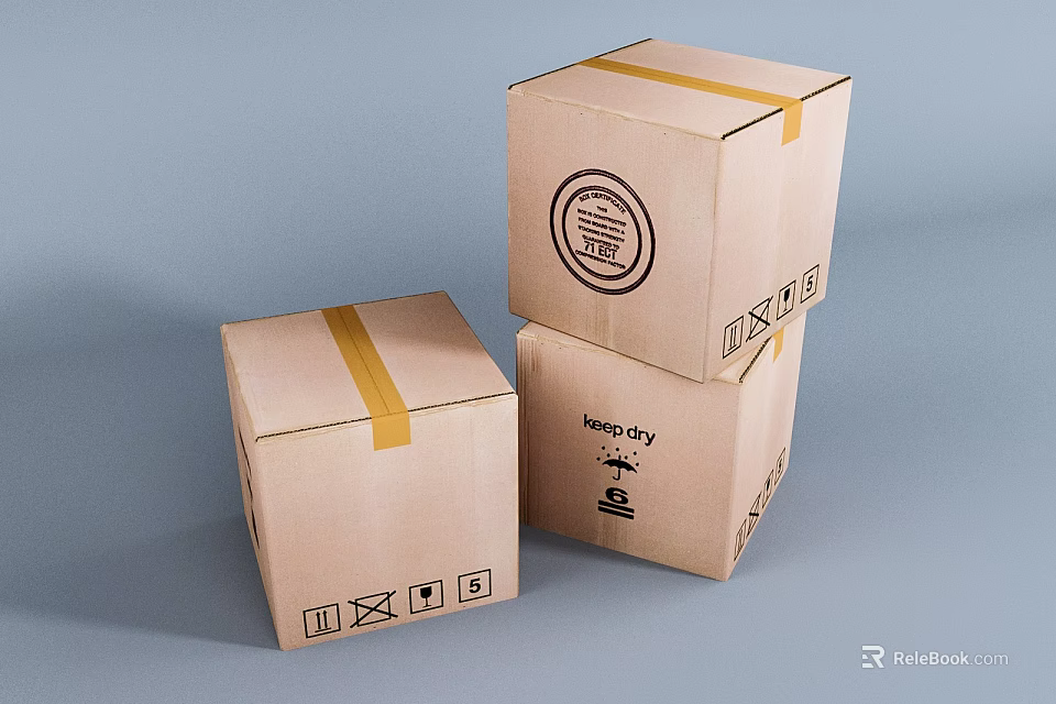 Cardboard Cartons With Yellow Tape Stacked In Various Sizes And Shipping Symbols 3d model 