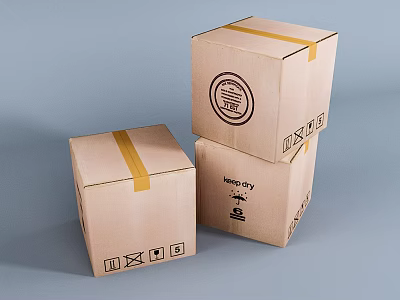 Cardboard Cartons With Yellow Tape Stacked In Various Sizes And Shipping Symbols 3d model