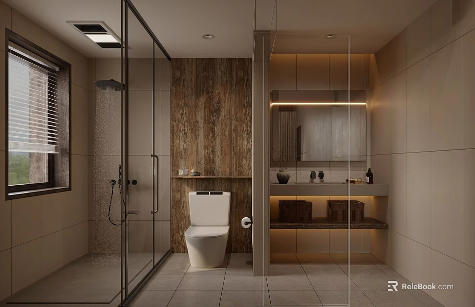 Modern Bathroom Interior With Glass Shower Wooden Wall Toilet And Mirrored Vanity Tiled Floor 3d model 