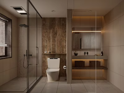 Modern Bathroom Interior With Glass Shower Wooden Wall Toilet And Mirrored Vanity Tiled Floor 3d model