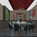 Private Dining Room Interior With Red Ceiling Chandeliers Round Table Blue Chairs And Green Wall 3d model