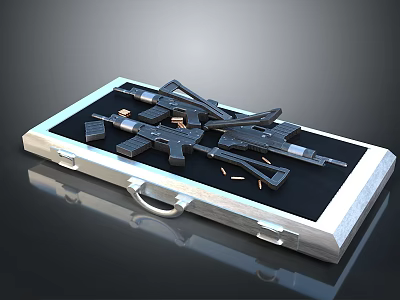 Black Weapons in Silver Case Including Rifles Handguns and Scattered Bullets 3d model