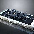 Black Weapons in Silver Case Including Rifles Handguns and Scattered Bullets 3d model