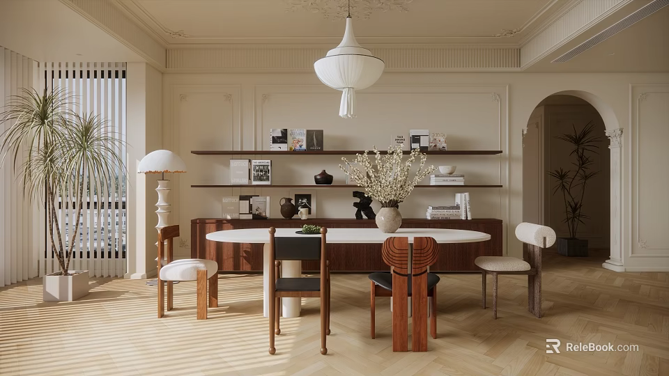 Modern Restaurant Interior Design With Round Dining Table Wooden Chairs Pendant Light And Wall Shelf 3d model 