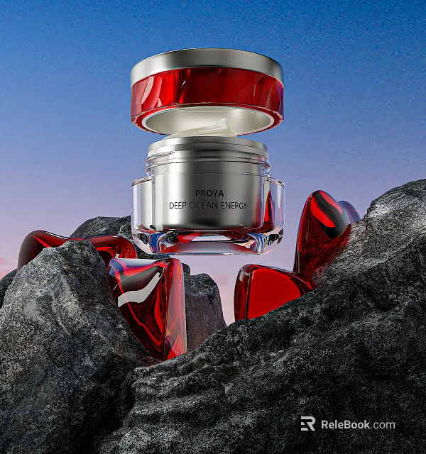 Cream Deep Revitalizer in Silver Jar with Red Lid and Black Rocks Against Gradient Sky 3d model 