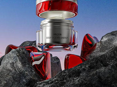 Cream Deep Revitalizer in Silver Jar with Red Lid and Black Rocks Against Gradient Sky 3d model