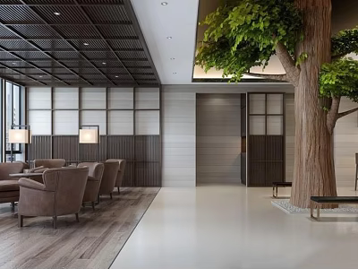 Modern Lounge Area With Comfortable Sofas Indoor Tree Floor Lamps And Wooden Flooring 3d model