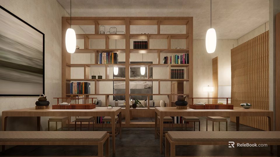 Minimalist Tea Room Interior With Wooden Lattice Shelves Long Tables And Pendant Lights 3d model 