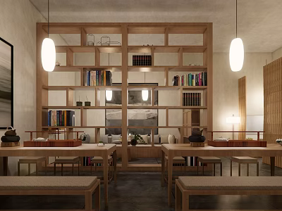 Minimalist Tea Room Interior With Wooden Lattice Shelves Long Tables And Pendant Lights 3d model
