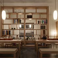 Minimalist Tea Room Interior With Wooden Lattice Shelves Long Tables And Pendant Lights