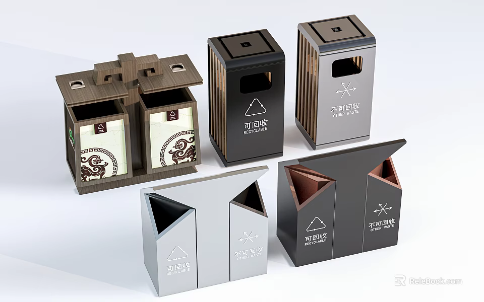 Public Facility Modern Waste Bins With Various Designs And Recycling Signs 3d model 