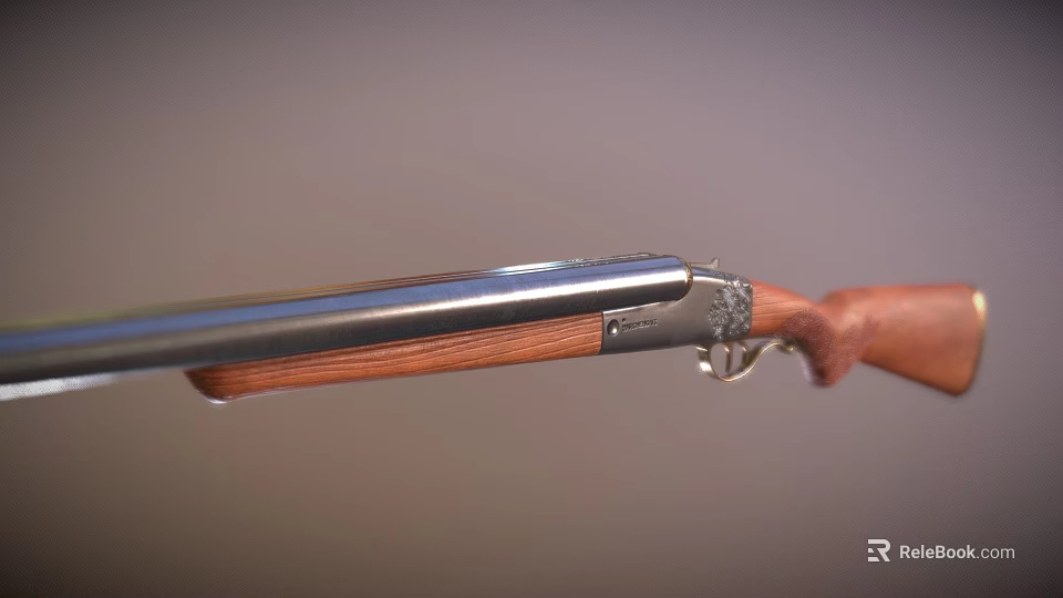 Detailed View of Classic Shotgun With Silver Metal Barrel and Wooden Stock 3d model 
